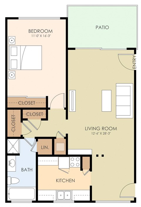 Floor plan for 1 bed, 1 bath, 735 sqft
